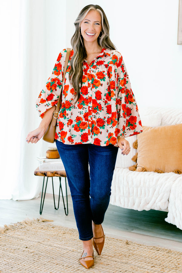 Chic Soul plus size clothing, flowy long-sleeve collared buttoned red-beige blouse with red rose floral pattern 