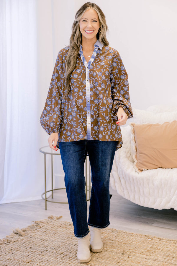 Chic Soul plus size clothing, brown long sleeve button up blouse with a collar and blue floral print and blue pin stripe fabric along the buttons and collar