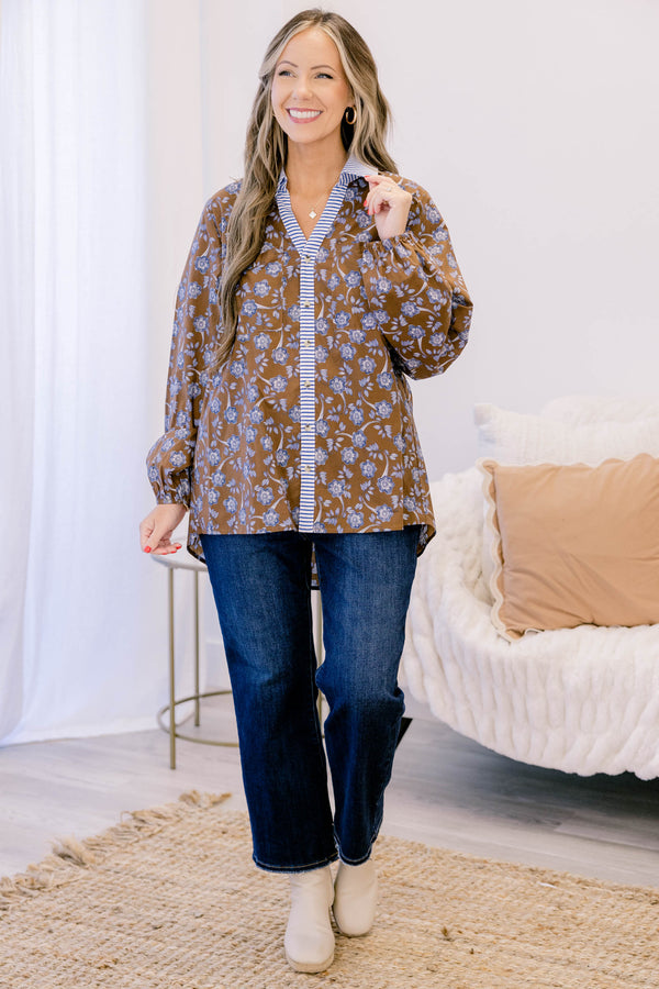 Chic Soul plus size clothing, brown long sleeve button up blouse with a collar and blue floral print and blue pin stripe fabric along the buttons and collar