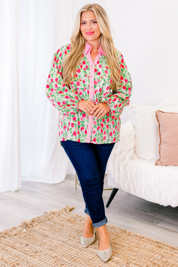 Chic Soul plus size clothing, red and green rose patterned long sleeve blouse with buttoned front and pink striped collar