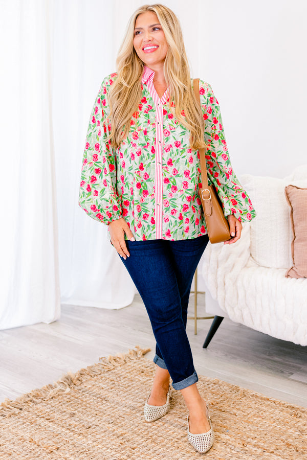 Chic Soul plus size clothing, red and green rose patterned long sleeve blouse with buttoned front and pink striped collar