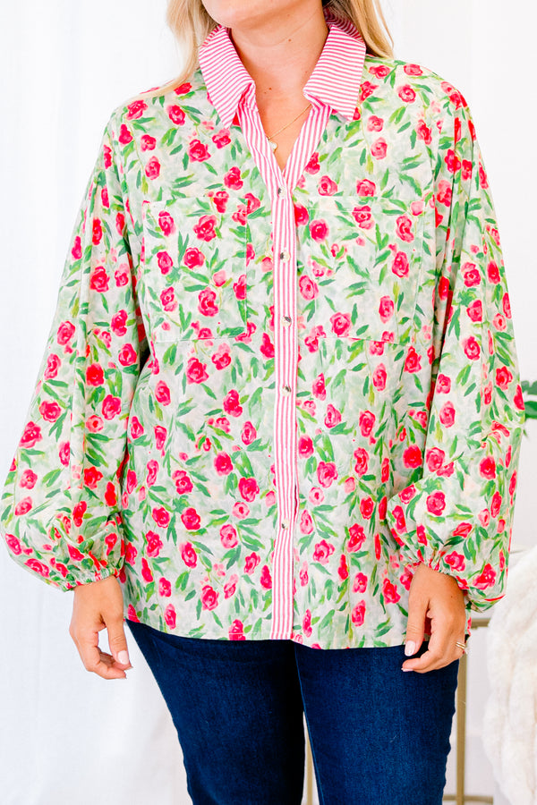 Chic Soul plus size clothing, red and green rose patterned long sleeve blouse with buttoned front and pink striped collar