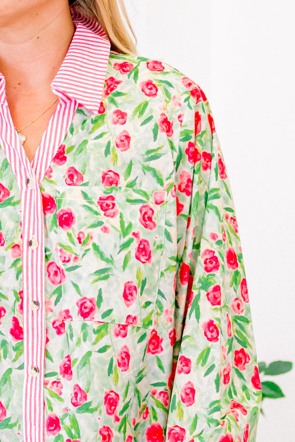 Chic Soul plus size clothing, red and green rose patterned long sleeve blouse with buttoned front and pink striped collar