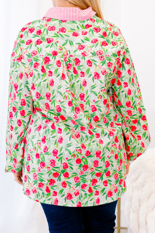 Chic Soul plus size clothing, red and green rose patterned long sleeve blouse with buttoned front and pink striped collar