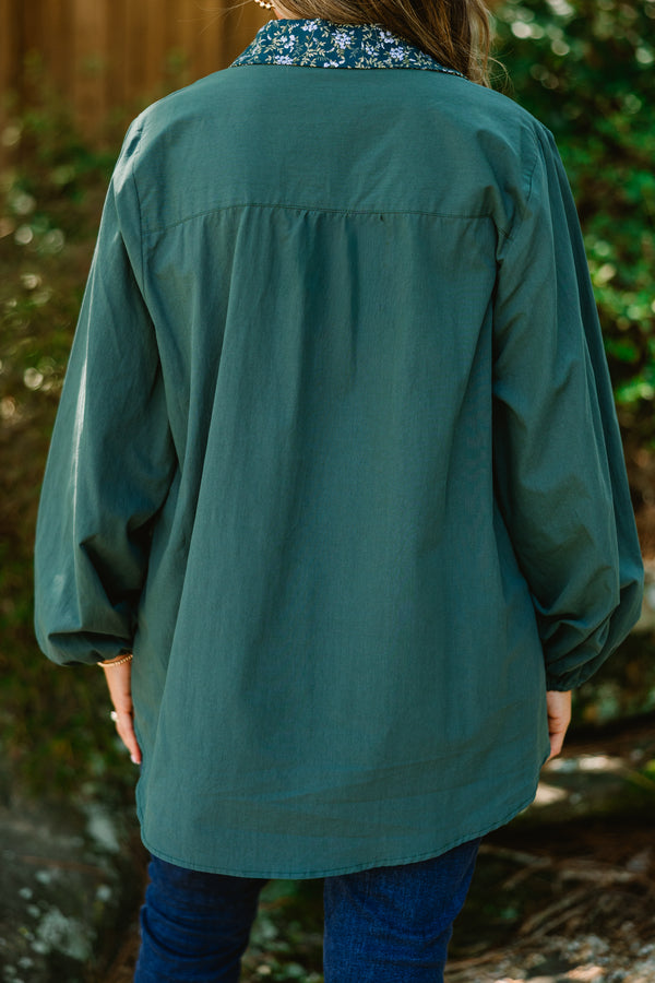 Chic Soul plus size clothing, dark green long sleeve button up top with floral pattern stripe vertically down the middle