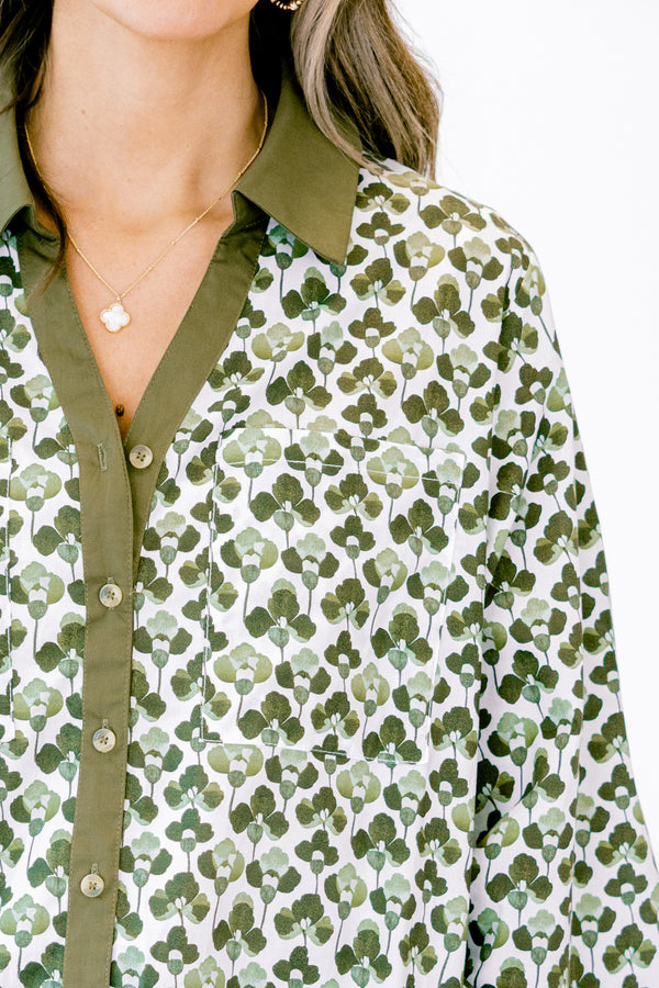 Chic Soul plus size clothing, green and white floral long sleeve button-up top with bubble sleeves