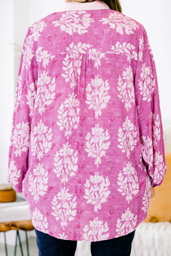 Chic Soul plus size clothing, bright pink long sleeve button up top with white block floral print and a collar