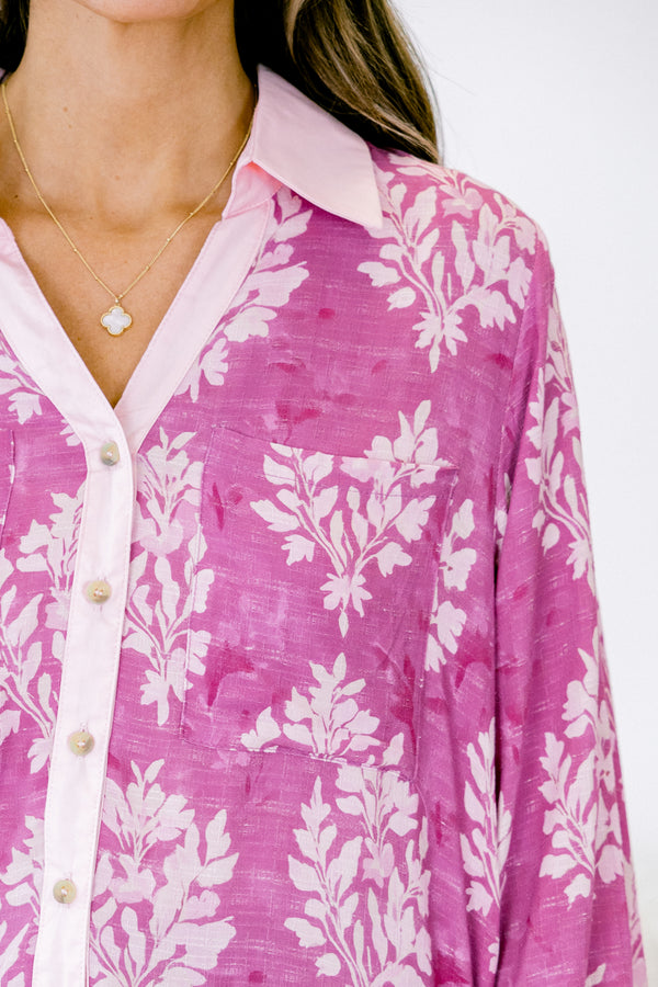 Chic Soul plus size clothing, bright pink long sleeve button up top with white block floral print and a collar