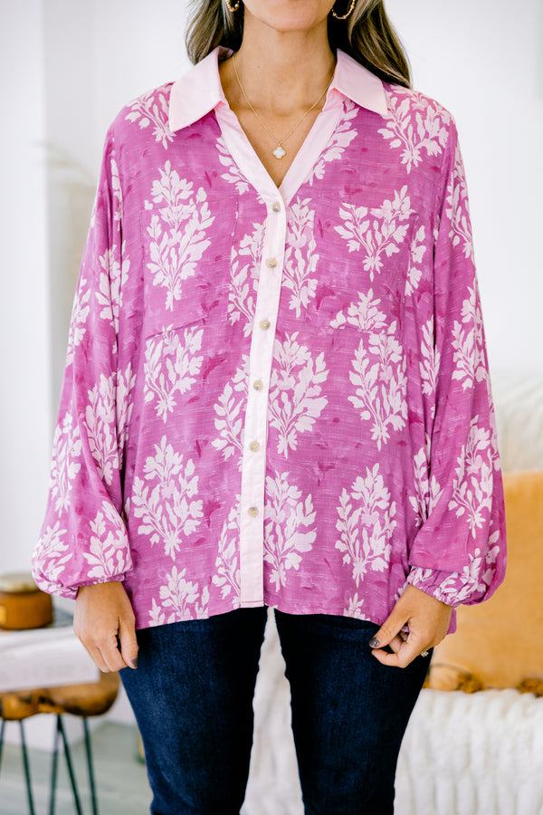 Chic Soul plus size clothing, bright pink long sleeve button up top with white block floral print and a collar