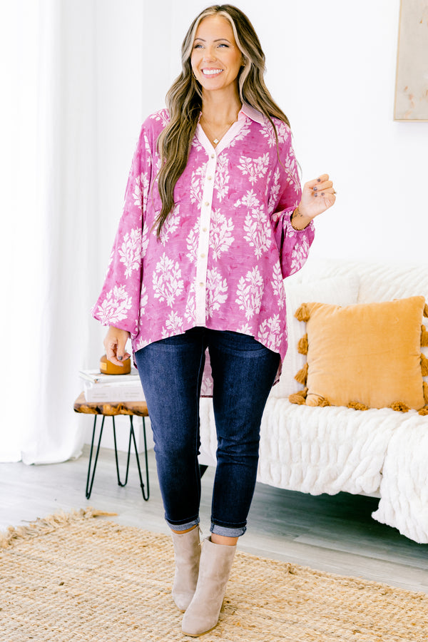 Chic Soul plus size clothing, bright pink long sleeve button up top with white block floral print and a collar