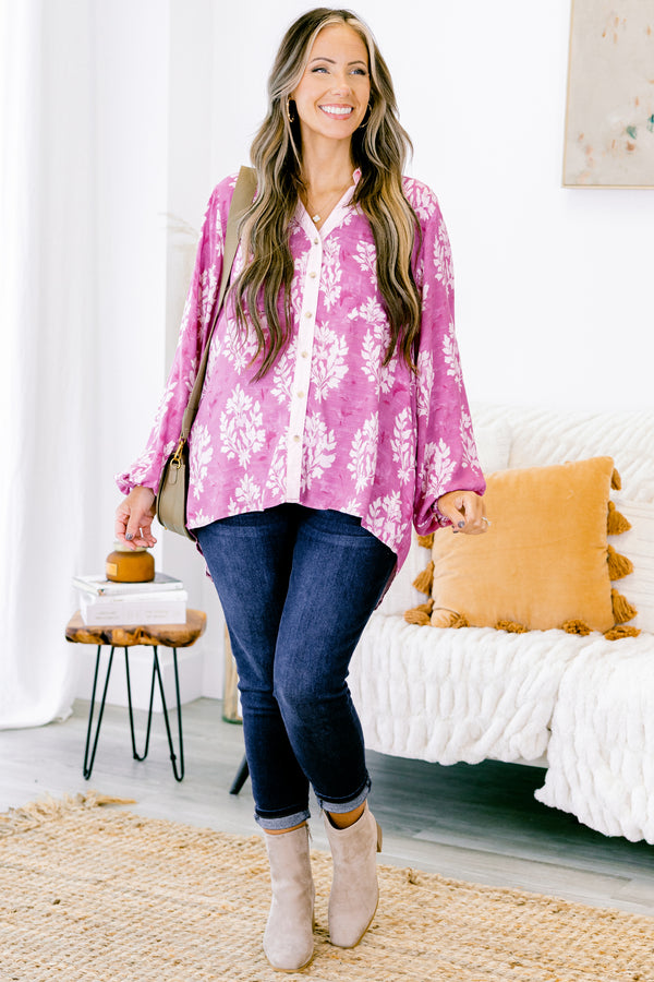 Chic Soul plus size clothing, bright pink long sleeve button up top with white block floral print and a collar