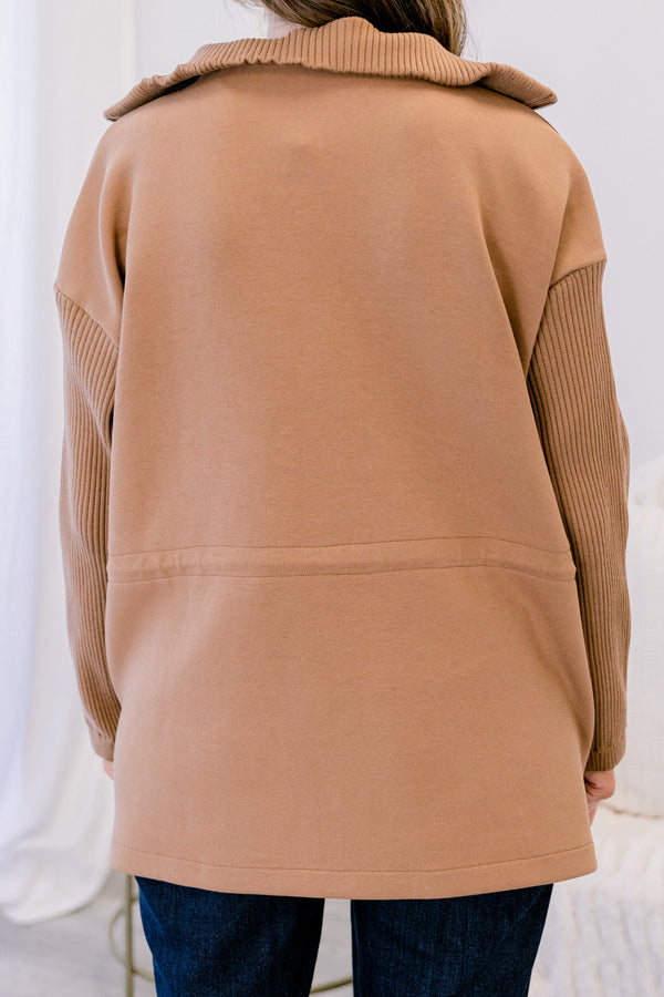 Chic Soul plus size clothing, brown zip up jacket with tie cinching at the waist and oversized collar