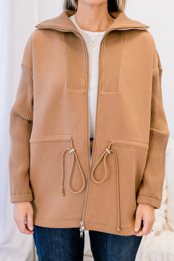 Chic Soul plus size clothing, brown zip up jacket with tie cinching at the waist and oversized collar