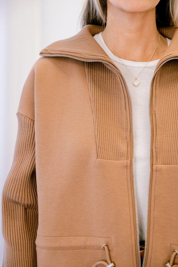 Chic Soul plus size clothing, brown zip up jacket with tie cinching at the waist and oversized collar