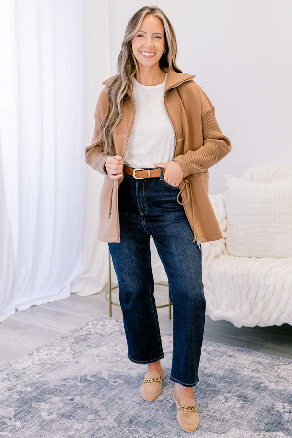 Chic Soul plus size clothing, brown zip up jacket with tie cinching at the waist and oversized collar