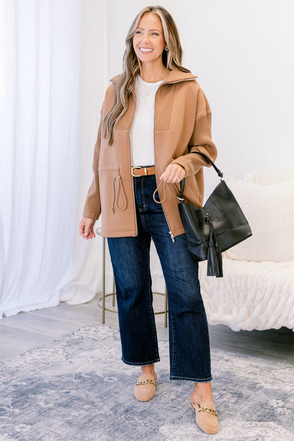 Chic Soul plus size clothing, brown zip up jacket with tie cinching at the waist and oversized collar