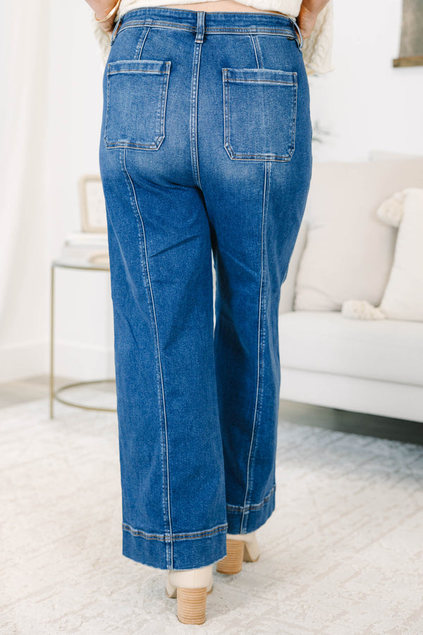 Plus Size dark wash wide leg jeans with front seam detailing and a high-waisted fit.