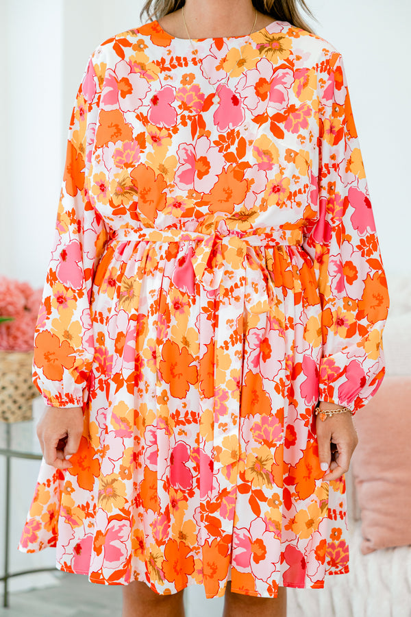 Chic Soul plus size clothing, long sleeve orange ruffled baby doll dress with orange and pink floral details