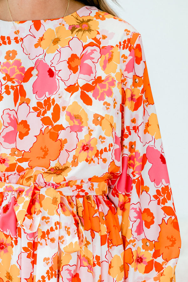 Chic Soul plus size clothing, long sleeve orange ruffled baby doll dress with orange and pink floral details