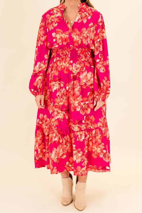 Chic Soul plus size clothing, long-sleeve magenta midi dress with v-neckline and cinched waistline with orange floral pattern