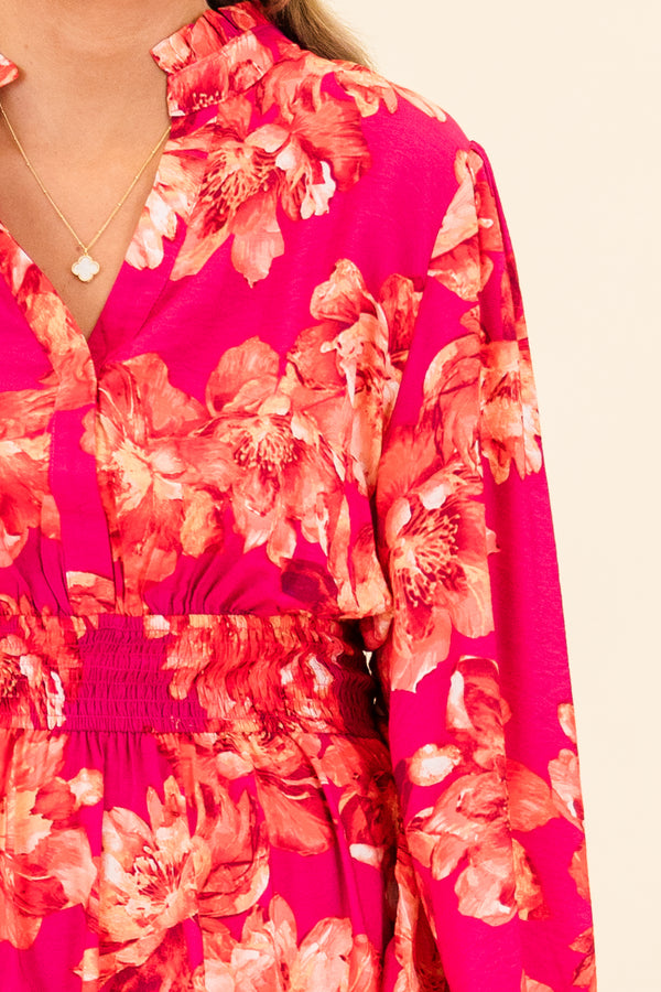 Chic Soul plus size clothing, long-sleeve magenta midi dress with v-neckline and cinched waistline with orange floral pattern