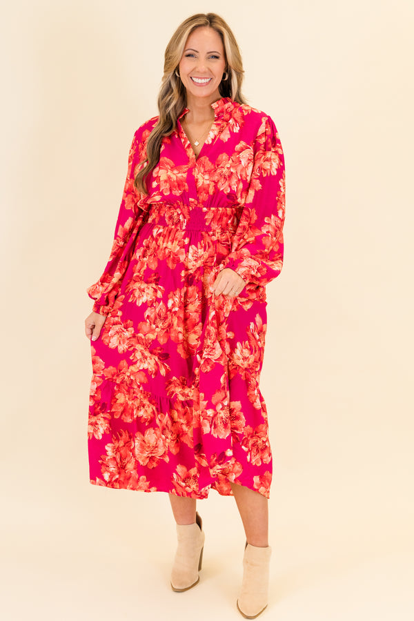 Chic Soul plus size clothing, long-sleeve magenta midi dress with v-neckline and cinched waistline with orange floral pattern