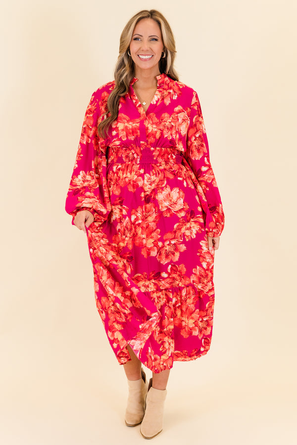Chic Soul plus size clothing, long-sleeve magenta midi dress with v-neckline and cinched waistline with orange floral pattern