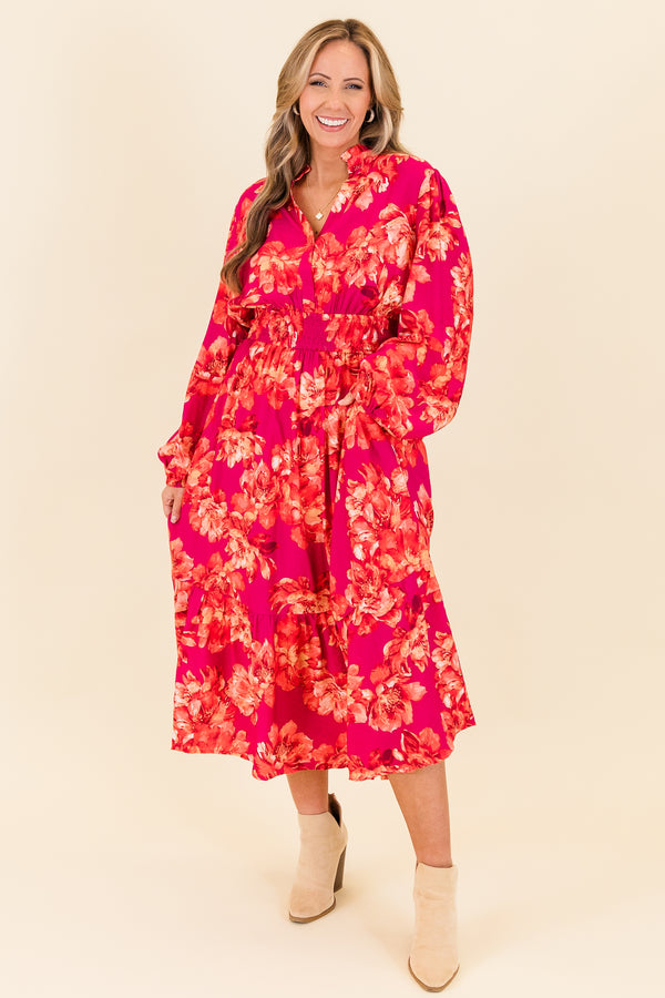 Chic Soul plus size clothing, long-sleeve magenta midi dress with v-neckline and cinched waistline with orange floral pattern