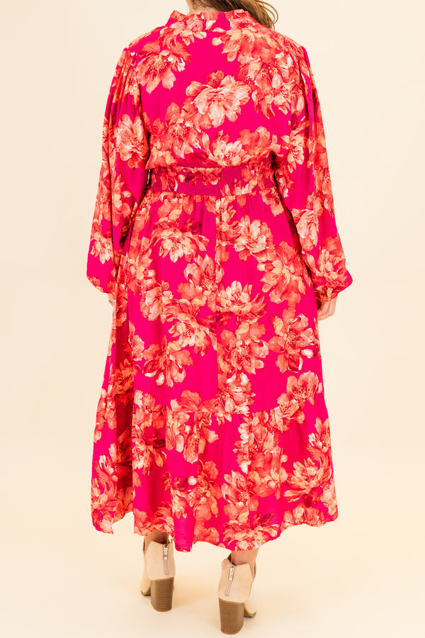 Chic Soul plus size clothing, long-sleeve magenta midi dress with v-neckline and cinched waistline with orange floral pattern