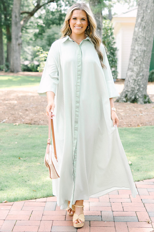 Plus Size green and white striped maxi shirt dress with quarter sleeves and front button closure.