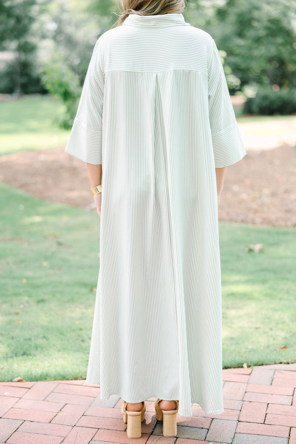 Plus Size green and white striped maxi shirt dress with quarter sleeves and front button closure.