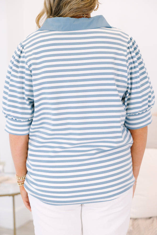 Plus Size blue and white horizontal striped top with a v-neckline and puff sleeves.