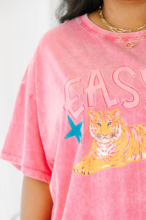 Plus size fuchsia acid wash relaxed tee with a tiger graphic