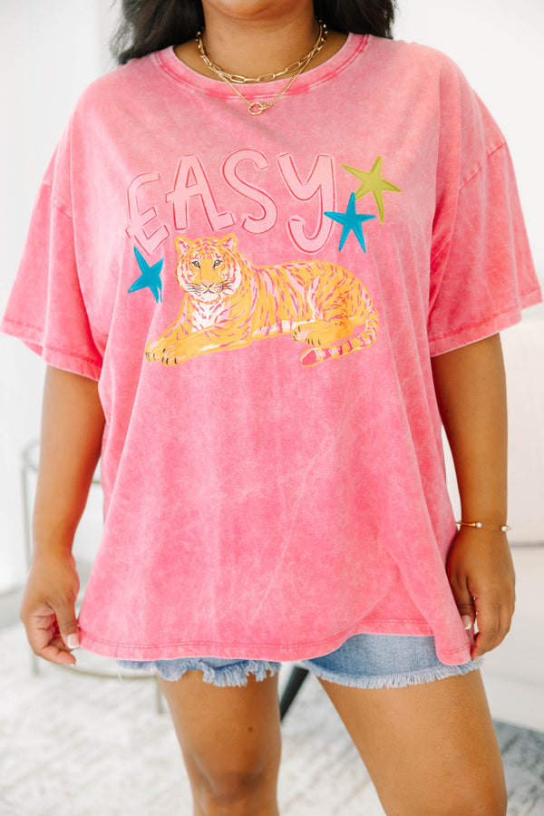 Plus size fuchsia acid wash relaxed tee with a tiger graphic