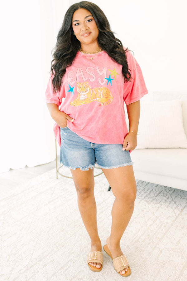 Plus size fuchsia acid wash relaxed tee with a tiger graphic