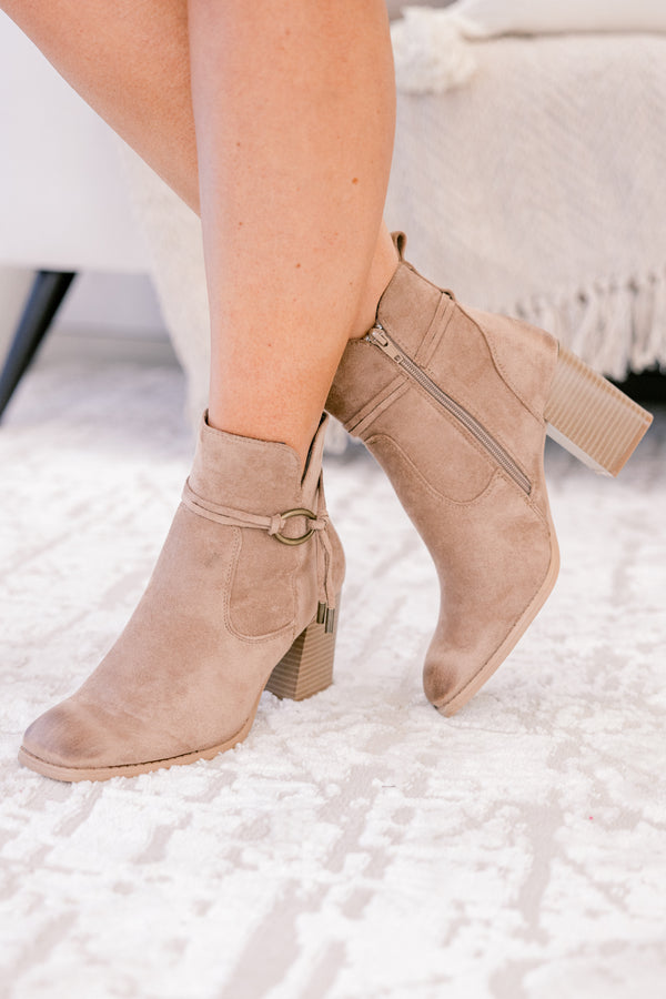 Chic Soul plus size clothing, light tan brown suede booties with a block heel 