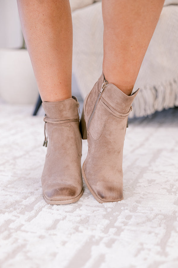 Chic Soul plus size clothing, light tan brown suede booties with a block heel 