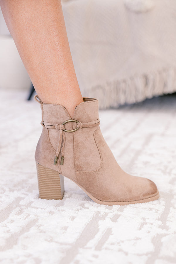 Chic Soul plus size clothing, light tan brown suede booties with a block heel 