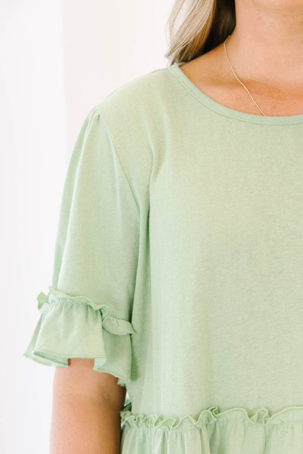 Chic Soul plus size clothing, short-sleeve light green babydoll top with distressed ruffled detailing 