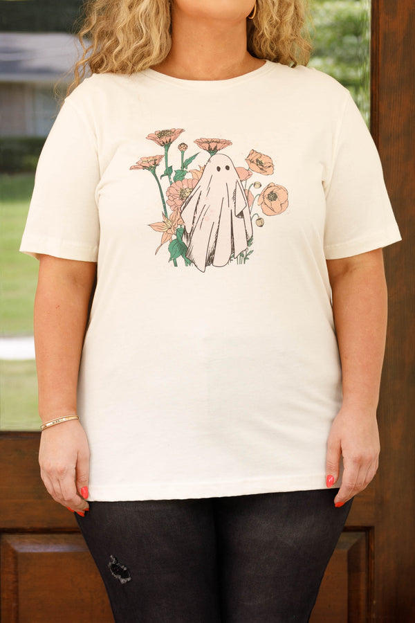 Chic Soul plus size clothing, natural colored tee with ghost in flowers graphic
