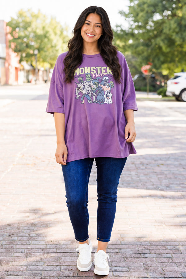 Chic Soul plus size clothing, lilac gray short sleeve boyfriend tee with round neckline and 