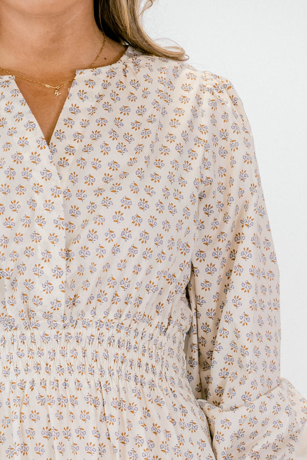 Chic Soul plus size clothing, cream block print long sleeve tiered maxi dress with cinched waist and v neck cutout