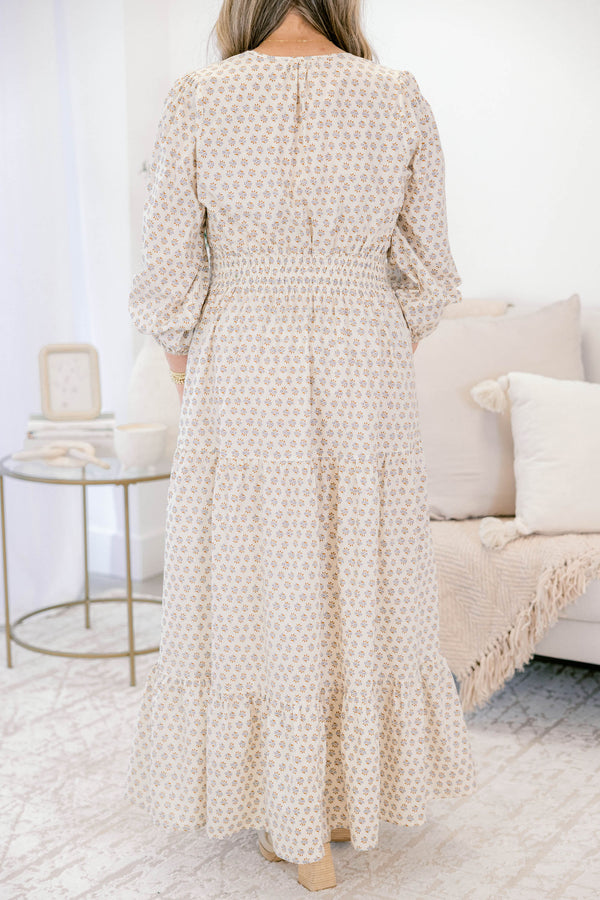 Chic Soul plus size clothing, cream block print long sleeve tiered maxi dress with cinched waist and v neck cutout