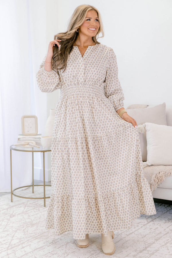Chic Soul plus size clothing, cream block print long sleeve tiered maxi dress with cinched waist and v neck cutout