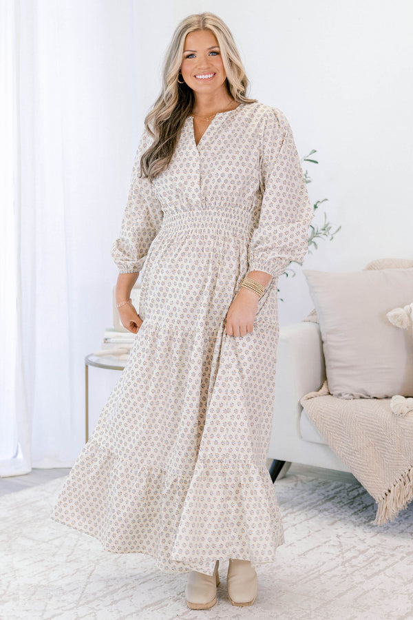 Chic Soul plus size clothing, cream block print long sleeve tiered maxi dress with cinched waist and v neck cutout