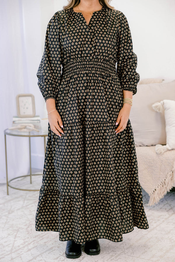 Chic Soul plus size clothing, black tiered maxi dress with long sleeves a cinched waist and a block pattern throughout