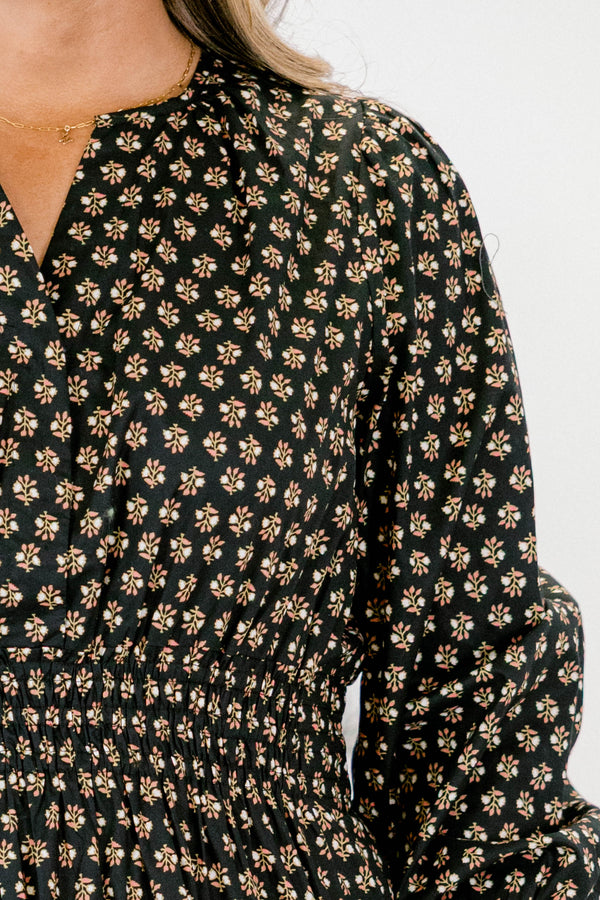 Chic Soul plus size clothing, black tiered maxi dress with long sleeves a cinched waist and a block pattern throughout