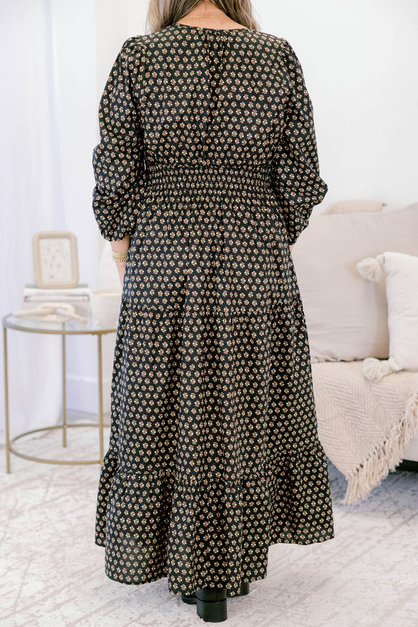 Chic Soul plus size clothing, black tiered maxi dress with long sleeves a cinched waist and a block pattern throughout