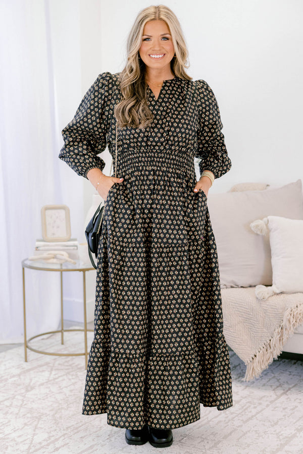 Chic Soul plus size clothing, black tiered maxi dress with long sleeves a cinched waist and a block pattern throughout