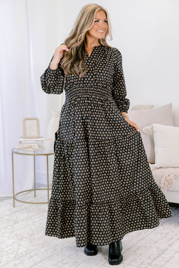 Chic Soul plus size clothing, black tiered maxi dress with long sleeves a cinched waist and a block pattern throughout